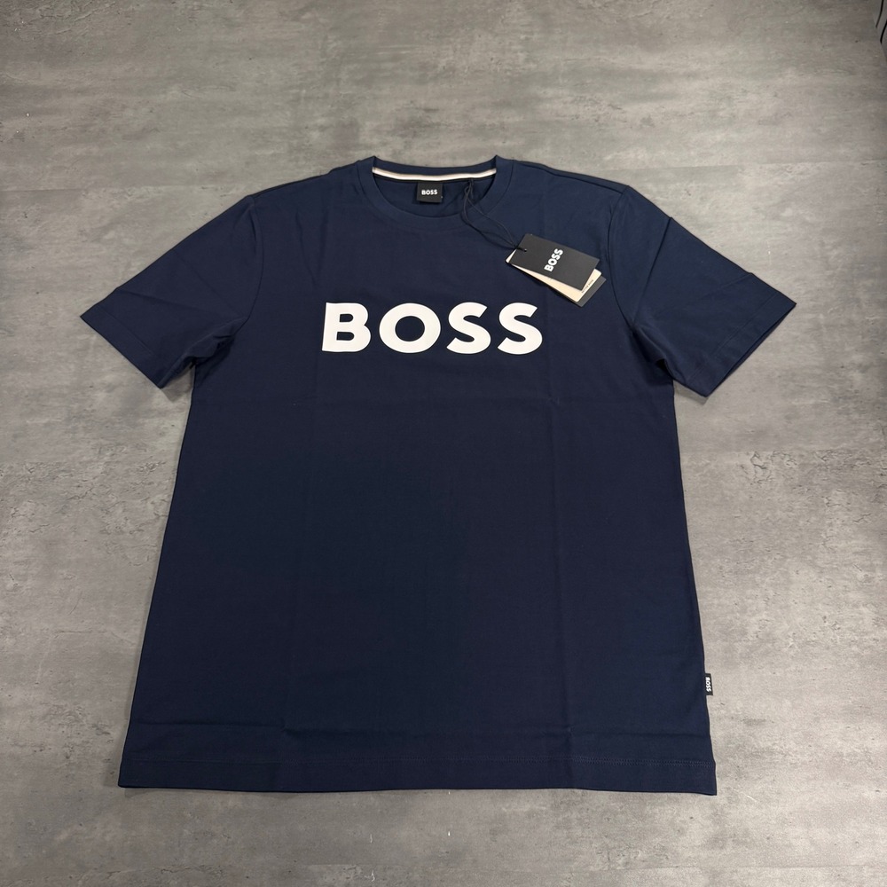 Hugo BOSS‎ T-Shirt Large Navy Blue White Spellout Logo Short Sleeve Cotton Tee